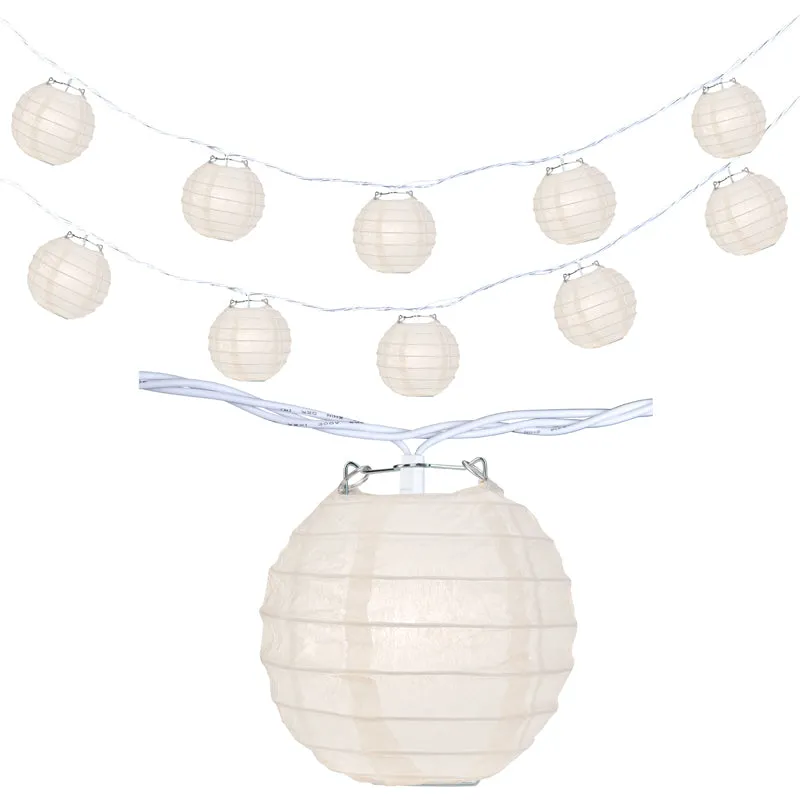 10 Socket White Round Paper Lantern Party String Lights (4" Lanterns, Expandable)