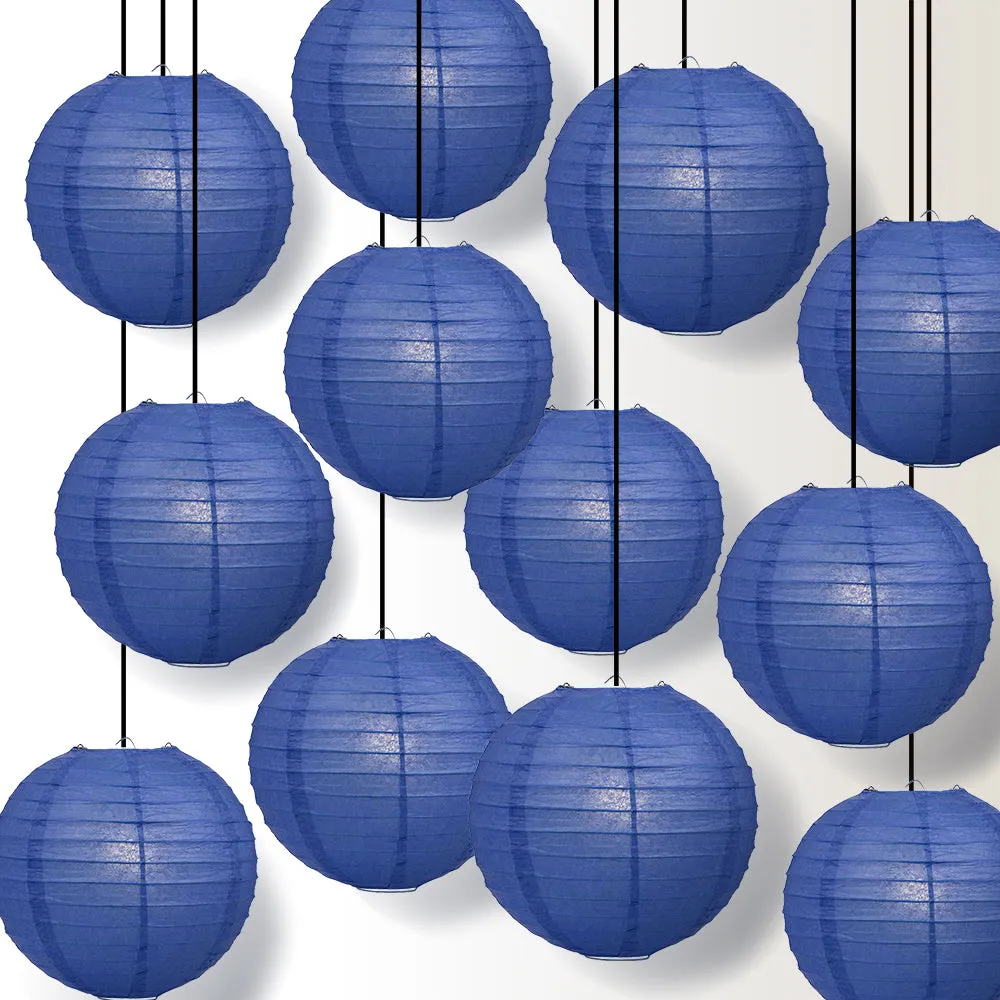 12 PACK | Dark Blue Even Ribbing Round Paper Lantern, Hanging Combo Set