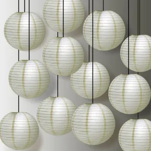 12 PACK | Ivory Even Ribbing Round Paper Lantern, Hanging Combo Set