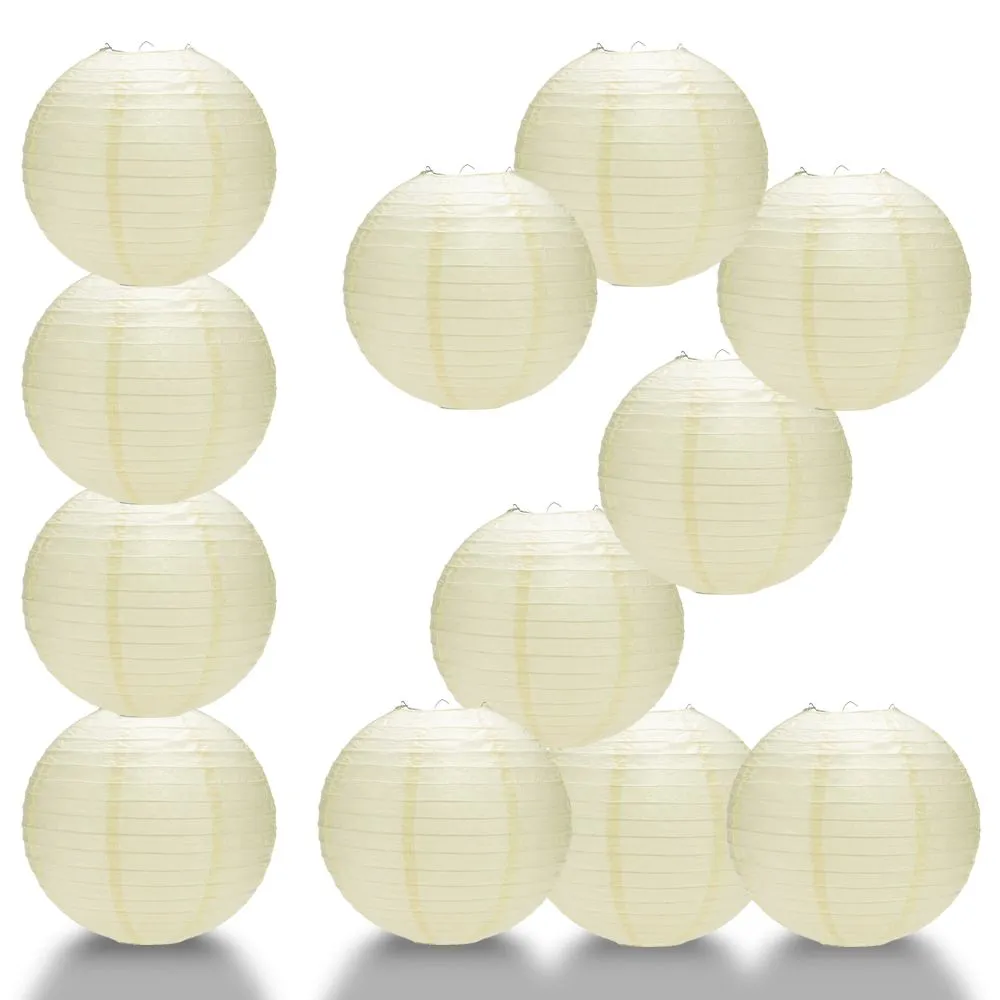 12 PACK | Ivory Even Ribbing Round Paper Lantern, Hanging Combo Set