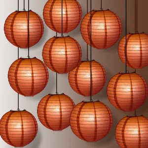 12 PACK | Marasala / Burgundy Wine Even Ribbing Round Paper Lantern, Hanging Combo Set