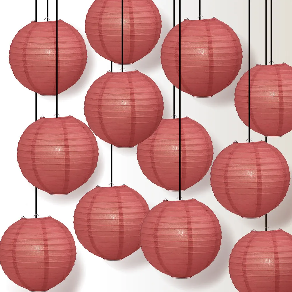 12 PACK | Marasala / Burgundy Wine Even Ribbing Round Paper Lantern, Hanging Combo Set