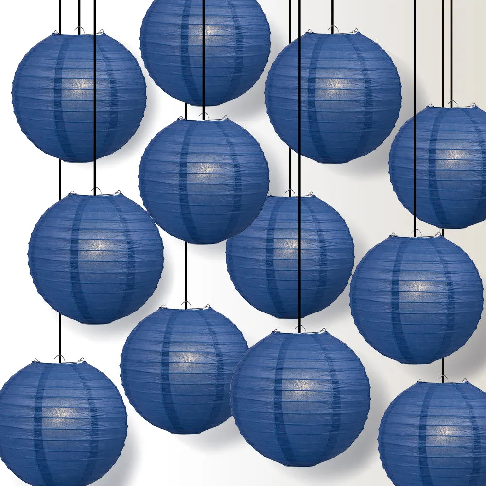 12 PACK | Navy Blue Even Ribbing Round Paper Lantern, Hanging Combo Set