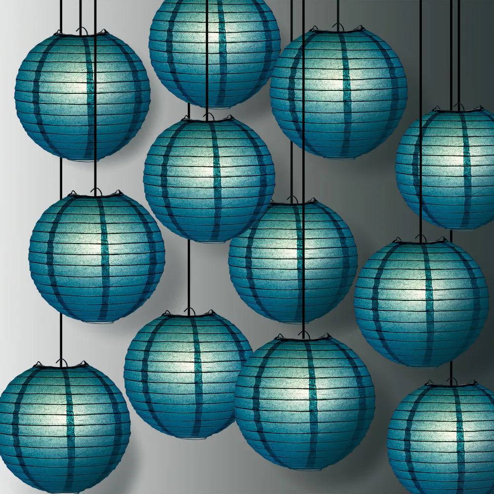 12 PACK | Tahiti Teal Even Ribbing Round Paper Lantern, Hanging Combo Set