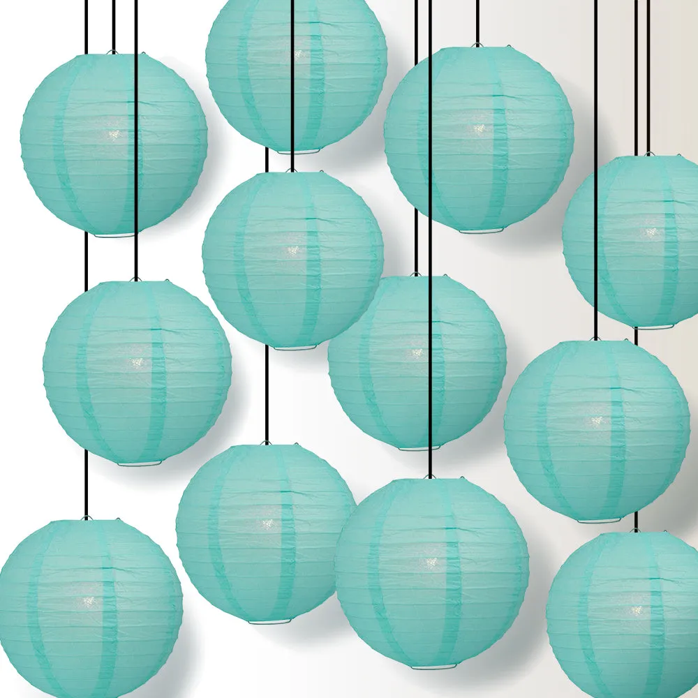 12 PACK | Water Blue Even Ribbing Round Paper Lantern, Hanging Combo Set