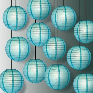 12 PACK | Water Blue Even Ribbing Round Paper Lantern, Hanging Combo Set