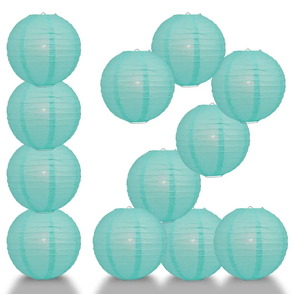 12 PACK | Water Blue Even Ribbing Round Paper Lantern, Hanging Combo Set