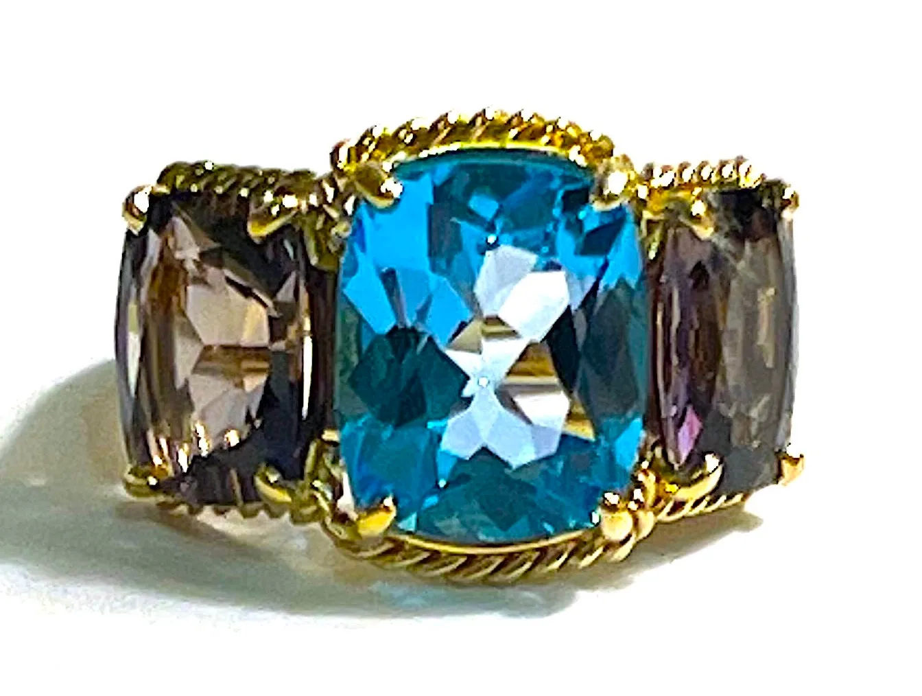 18kt Rose Gold Green Amethyst and Blue Topaz Three Stone Ring with Rope Twist Border