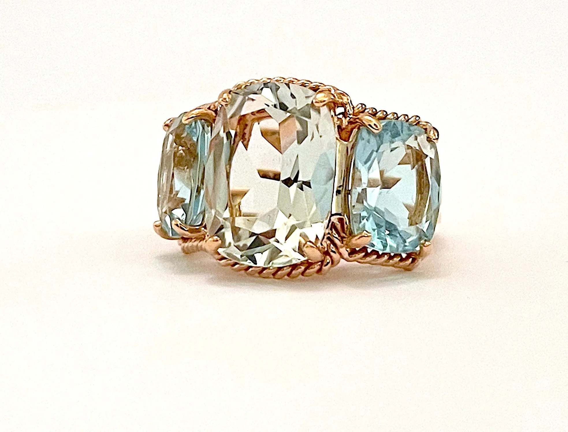 18kt Rose Gold Green Amethyst and Blue Topaz Three Stone Ring with Rope Twist Border