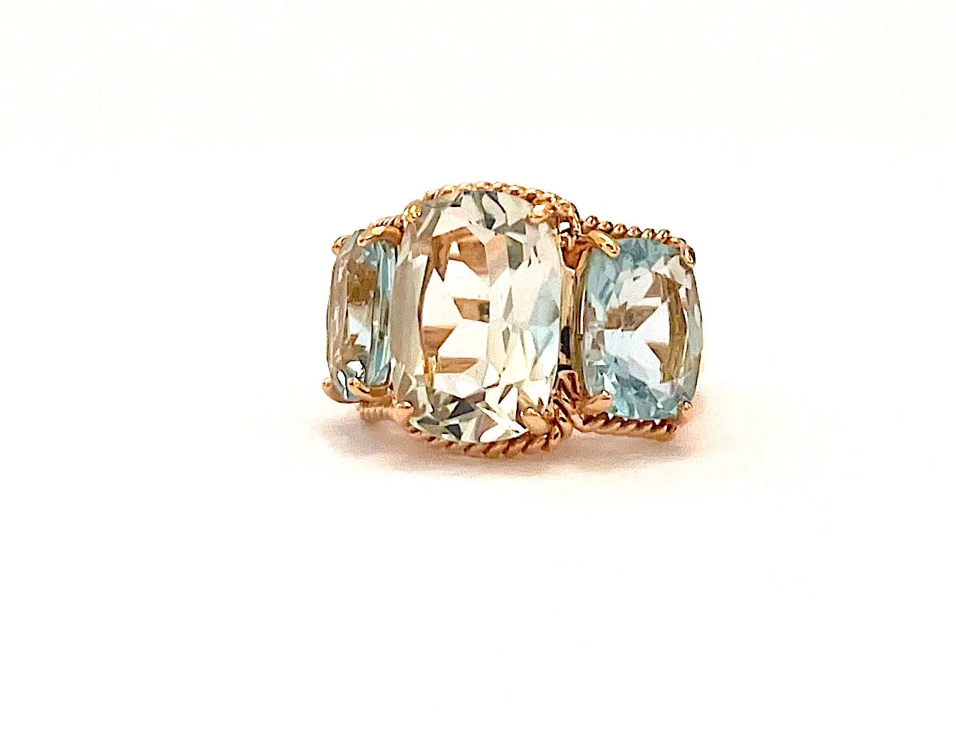 18kt Rose Gold Green Amethyst and Blue Topaz Three Stone Ring with Rope Twist Border