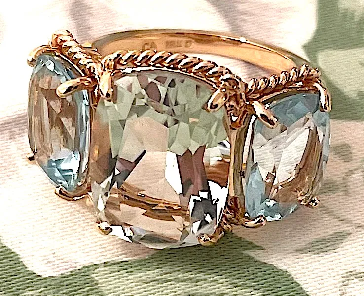 18kt Rose Gold Green Amethyst and Blue Topaz Three Stone Ring with Rope Twist Border