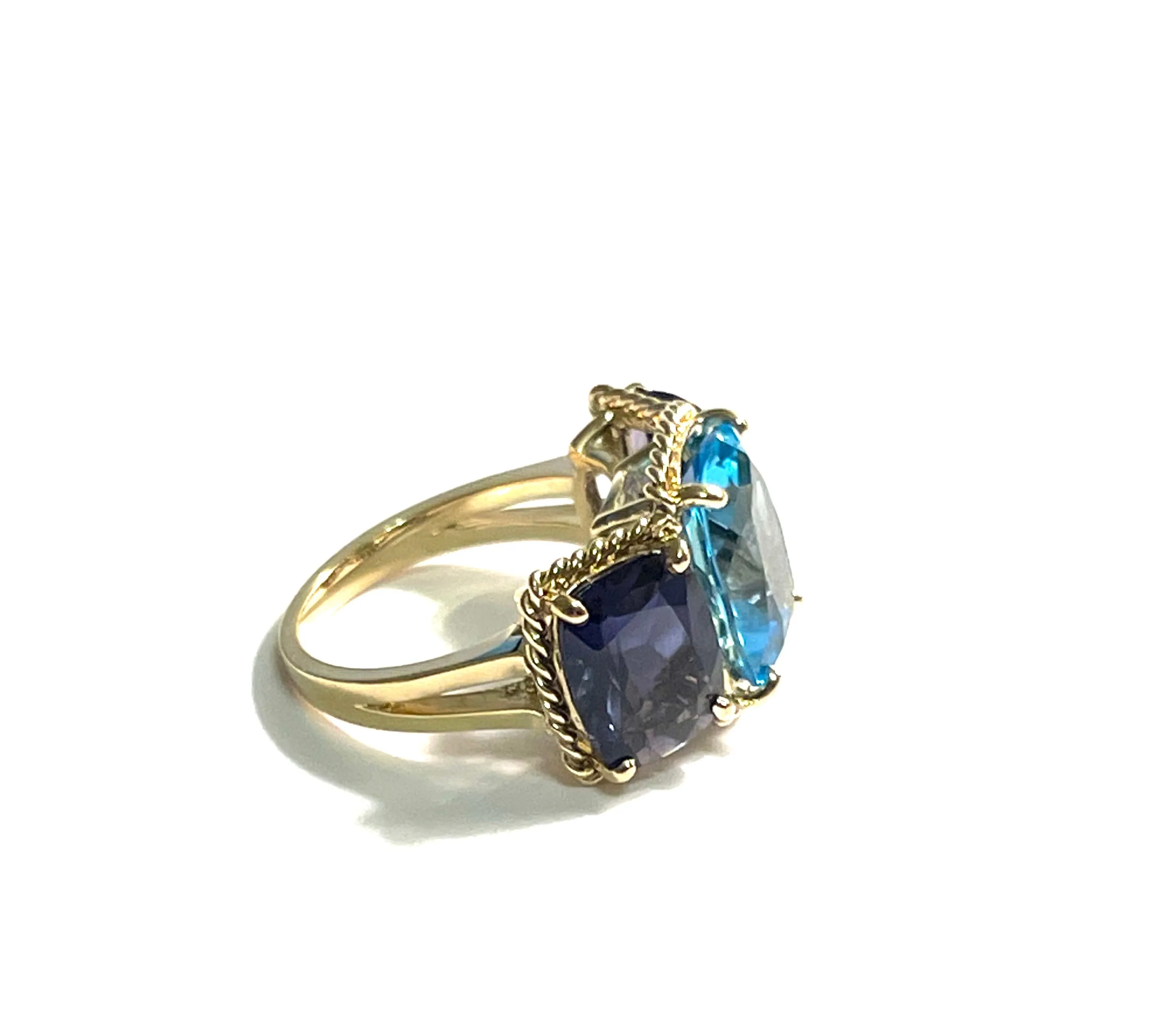 18kt Rose Gold Green Amethyst and Blue Topaz Three Stone Ring with Rope Twist Border