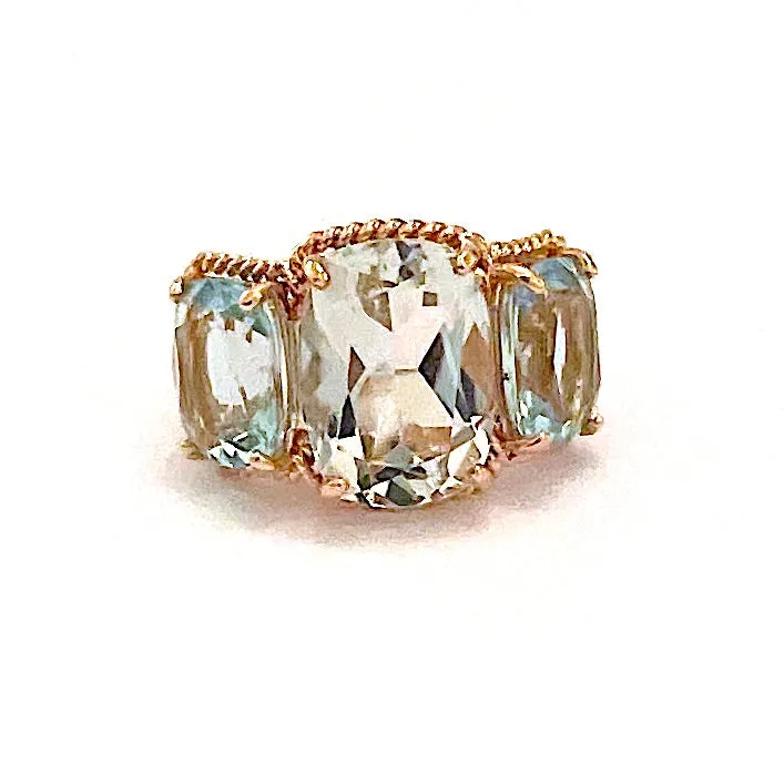 18kt Rose Gold Green Amethyst and Blue Topaz Three Stone Ring with Rope Twist Border