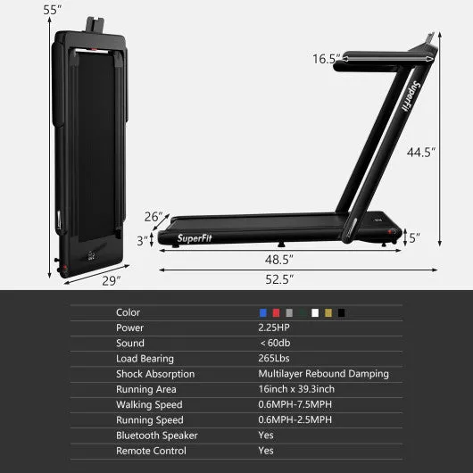 2 in 1 Folding Treadmill with Bluetooth Speaker Remote Control-Black