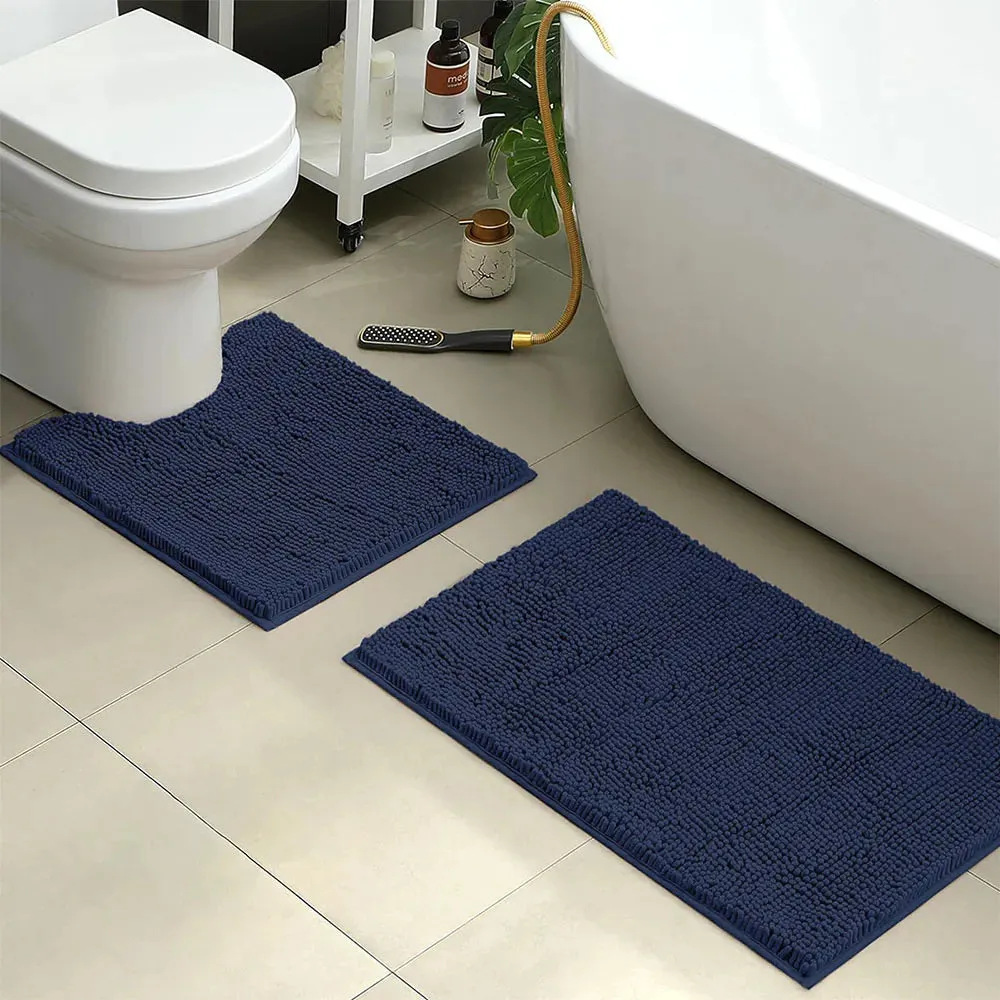 2 PCs Microfiber Anti Slip Commode Mat Set-14644Navy blue