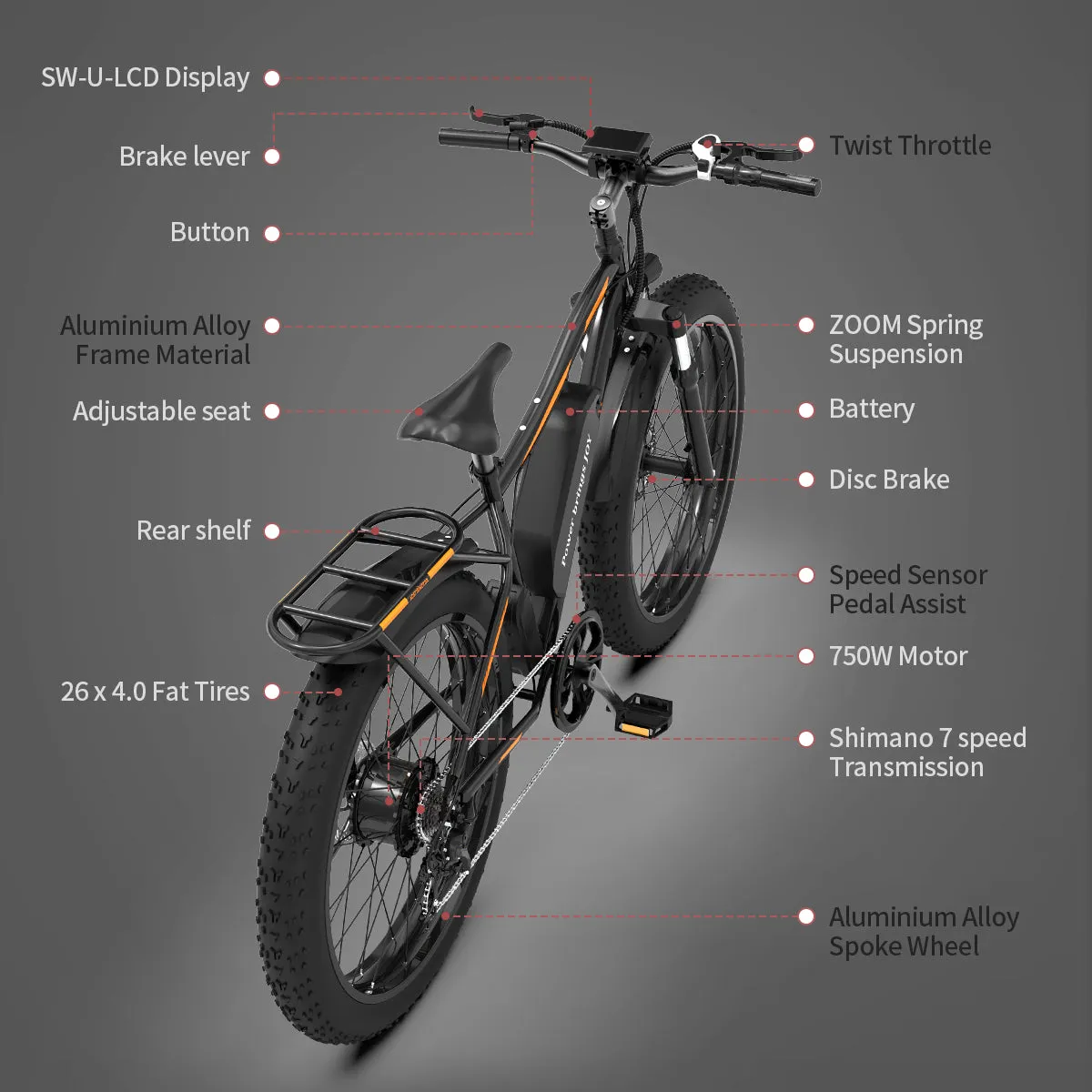 26" Electric Bike Ebike Bicycle 750W Motor Fat Tire With P7 48V 13AH Removable Li-Battery (Black)