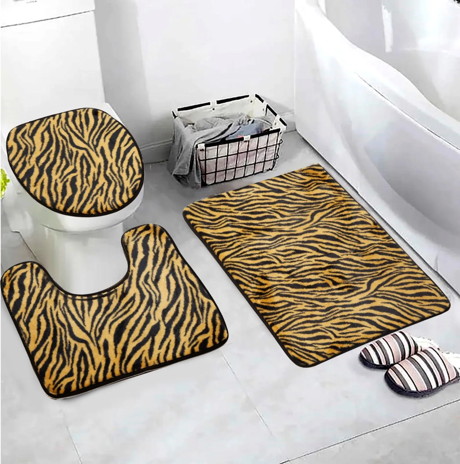 3 PCs Anti Skid Commode Mat Set-Brown Zebra Print