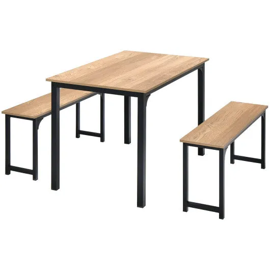 3 Pieces Dining Table Set with 2 Benches for Dining Room Kitchen Bar-Natural