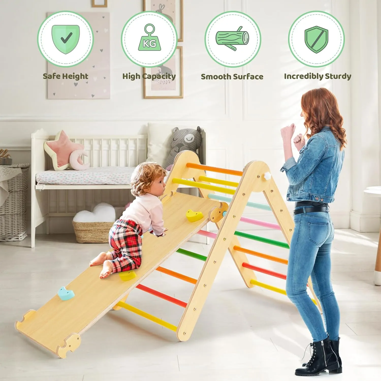 5-in-1 Pikler Triangle Gym - Foldable Climbing, Ramp, Rocker, and Play Structure for Kids