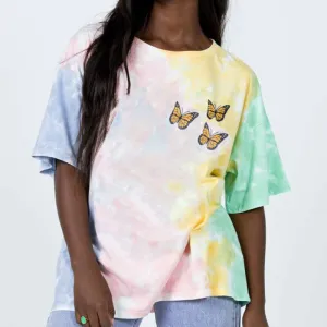 Butterfly Print Tie-Dye Oversized Pullover T-Shirt