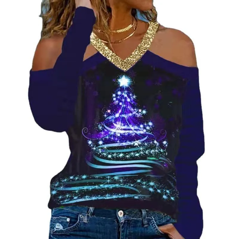 Christmas elements V-neck long-sleeved T-shirt women's sweater