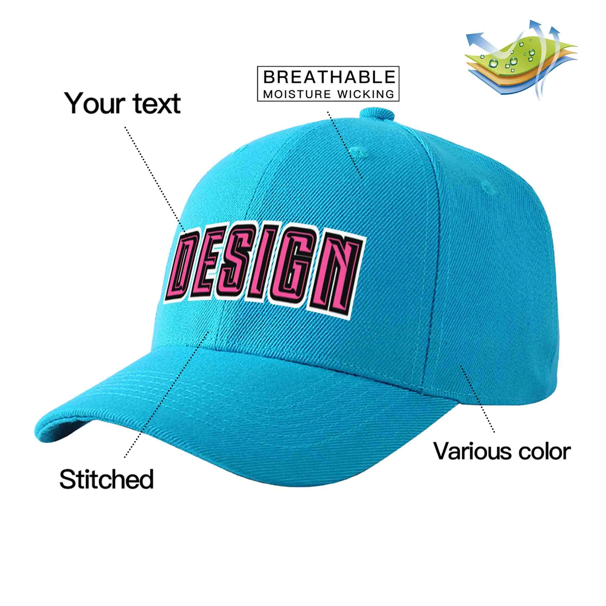 Custom Aqua Pink-Black Curved Eaves Sport Design Baseball Cap