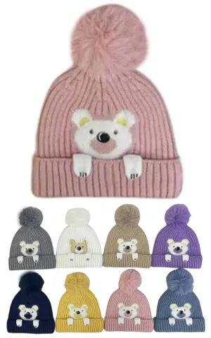 DBHK3937 Kids Bear Face Winter Knit PomPom Hats