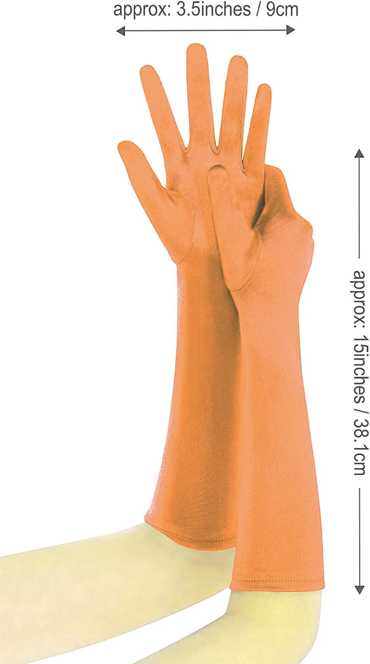 Fancydresswale hand Gloves for women for parties, long colourful satin hand cover 38 cm; Orange