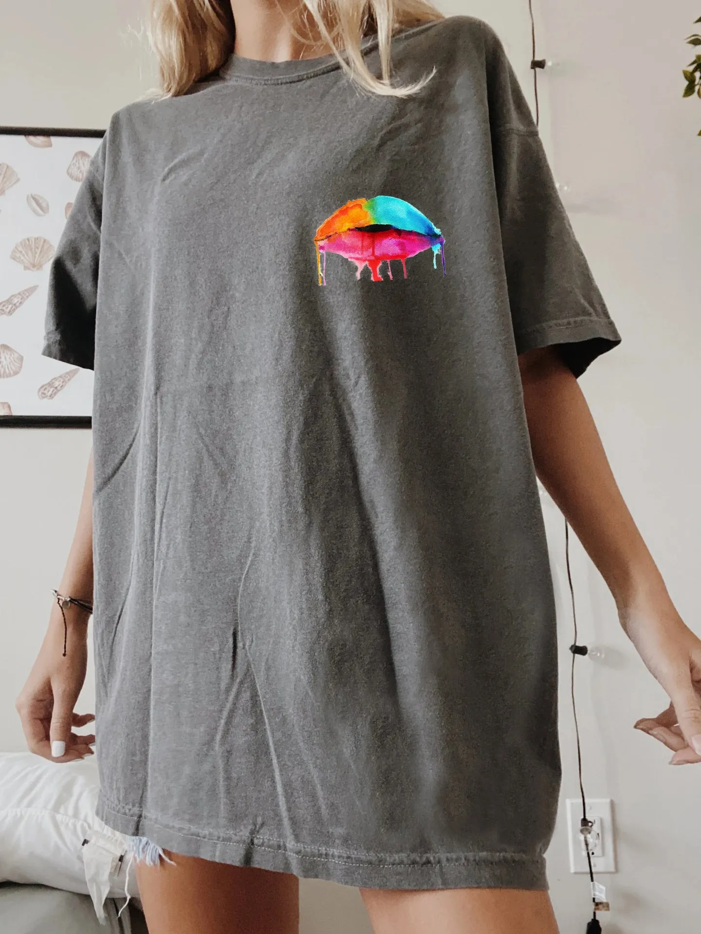 Fashion rainbow lip printing short-sleeved T-shirt