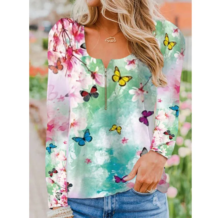 Fashion round neck zipper positioning printing long-sleeved T-shirt