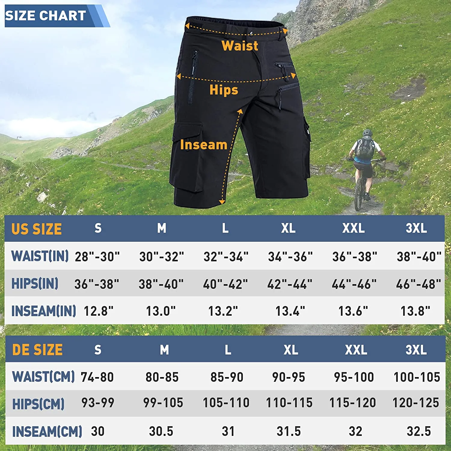 Hiauspor Men's Mountain Bike Shorts Stretch MTB Shorts Quick Dry with Zipper Pocket