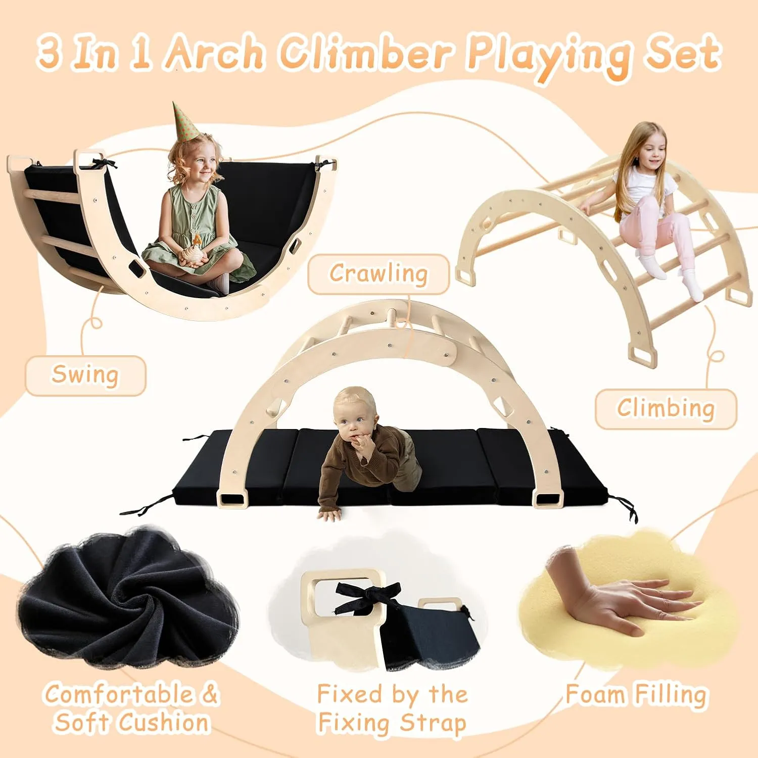 Kids Arch Rocker Climber with Cushion - Montessori Wooden Indoor Playground Toy