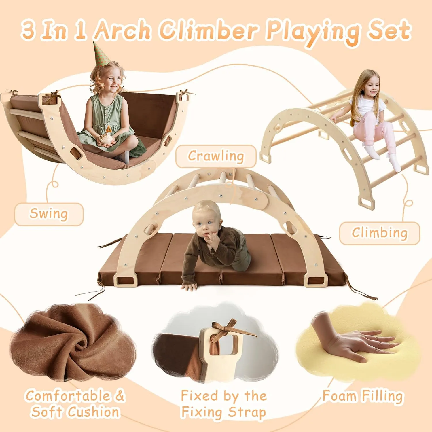 Kids Arch Rocker Climber with Cushion - Montessori Wooden Indoor Playground Toy