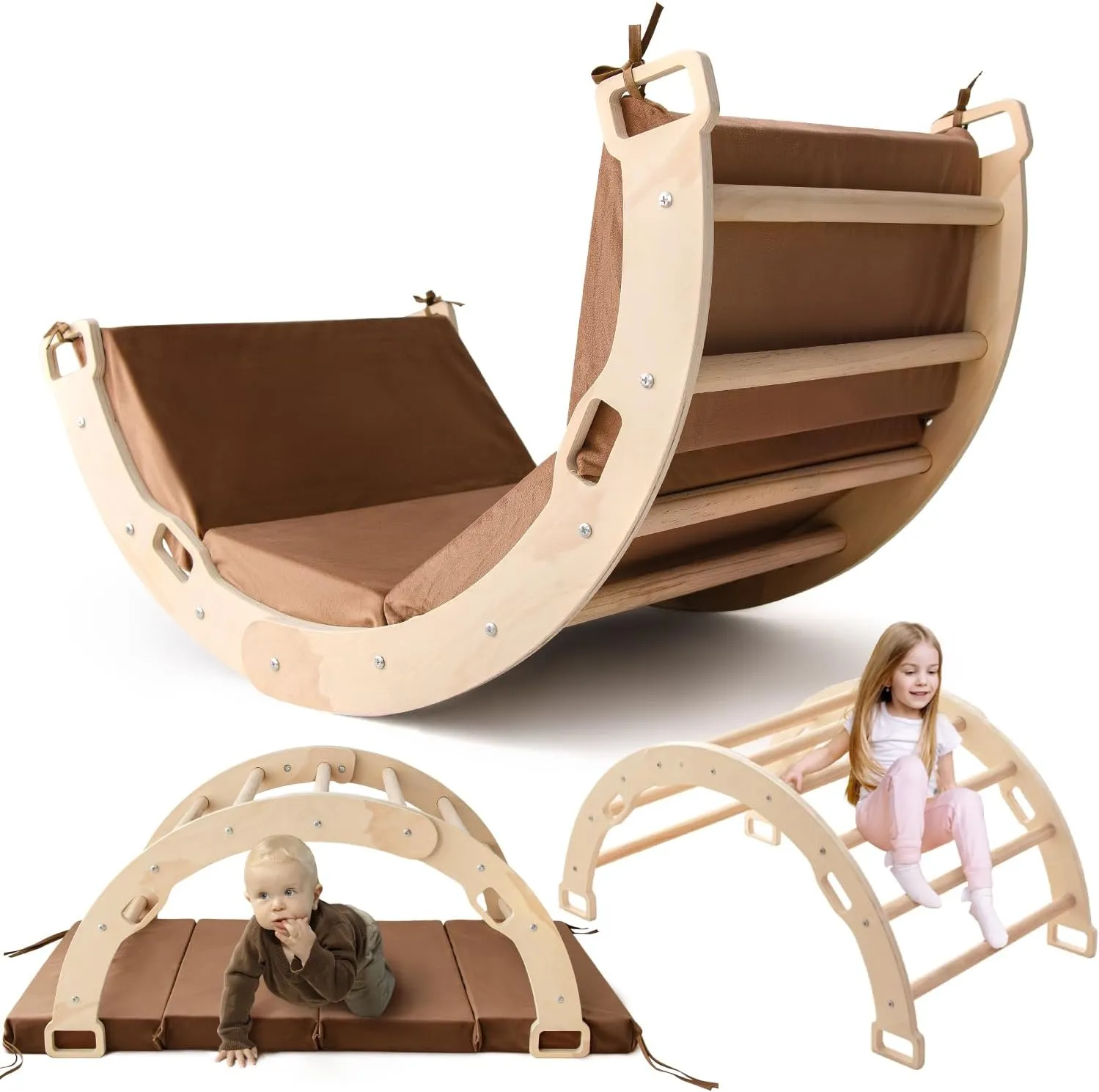 Kids Arch Rocker Climber with Cushion - Montessori Wooden Indoor Playground Toy