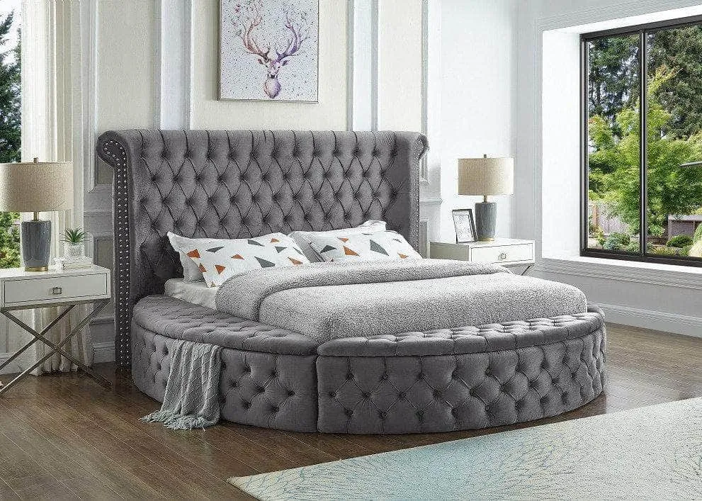 Markham Round Deep Button Tufted Velvet Wingback Fabric Platform Bed with 3 Storage Benches - Available in 2 Colours and 2 Sizes