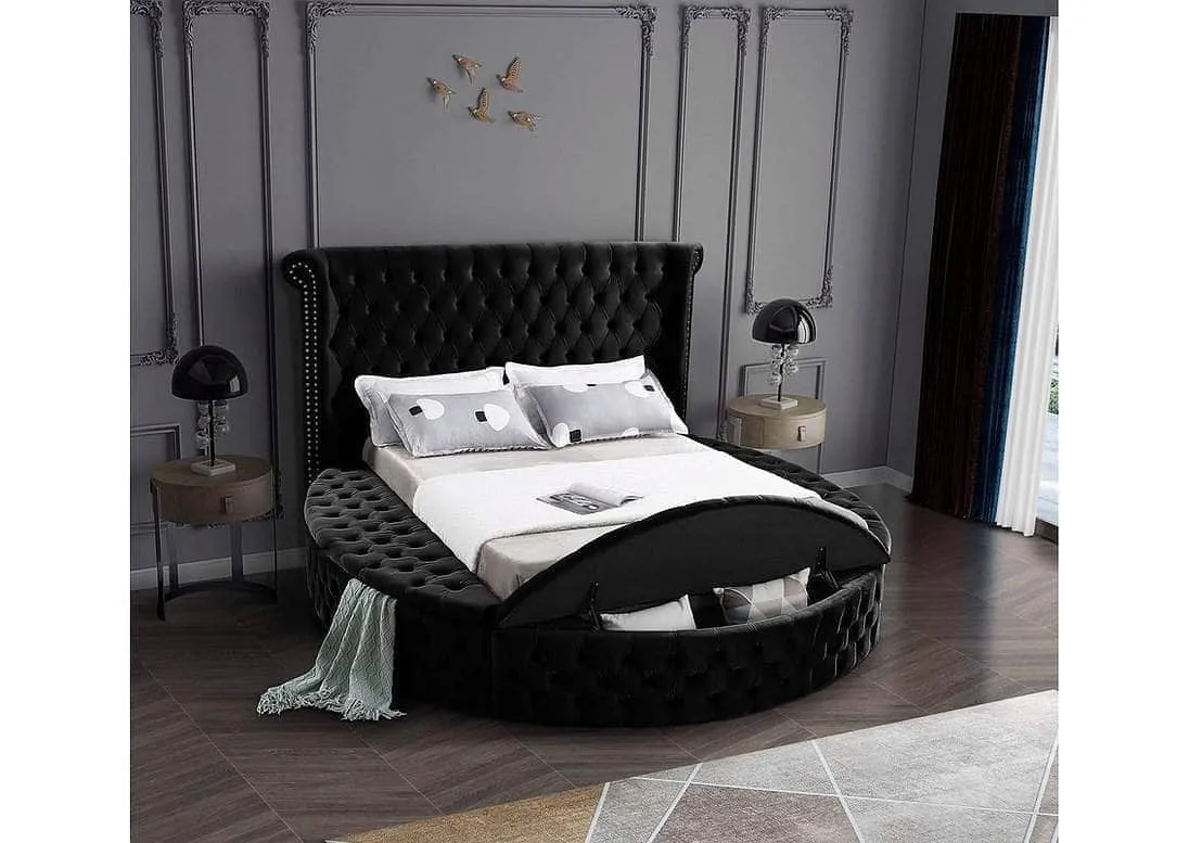 Markham Round Deep Button Tufted Velvet Wingback Fabric Platform Bed with 3 Storage Benches - Available in 2 Colours and 2 Sizes