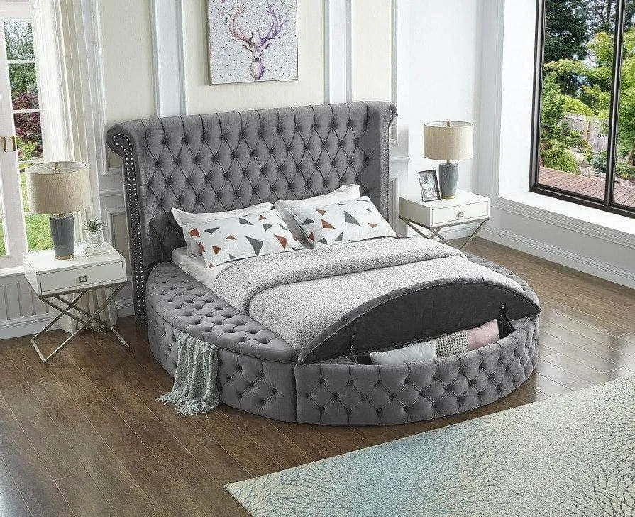 Markham Round Deep Button Tufted Velvet Wingback Fabric Platform Bed with 3 Storage Benches - Available in 2 Colours and 2 Sizes