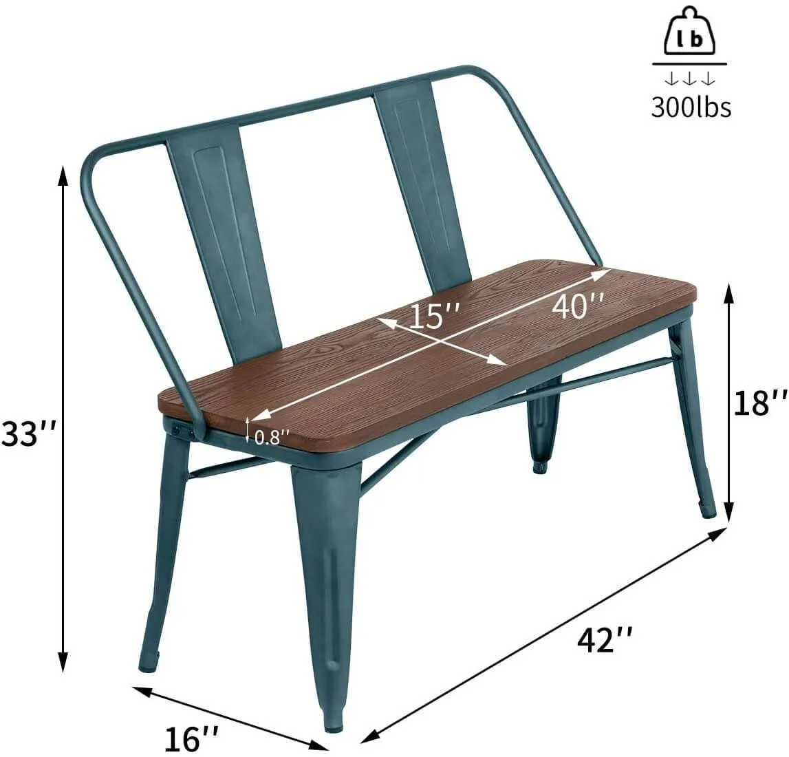 Metal Bench Industrial Mid-Century 2 Person Chair with Wood Seat, Dining Bench with Floor Protector, Blue