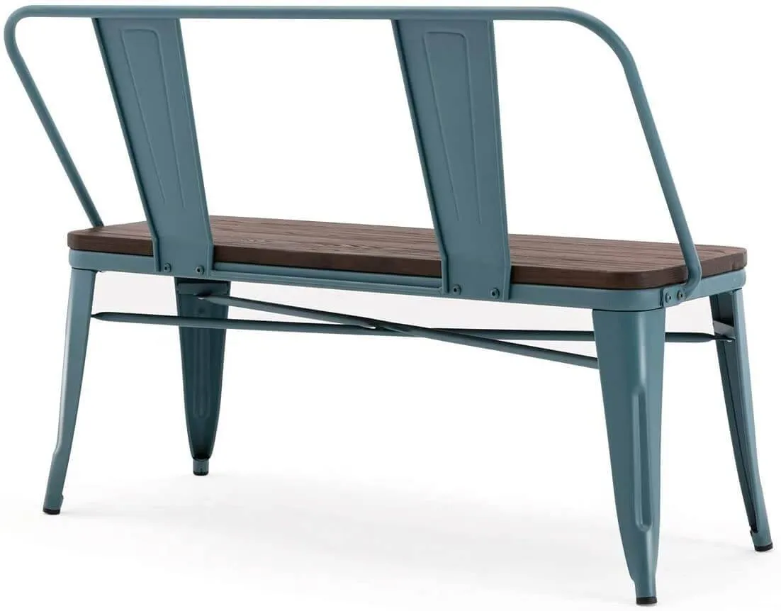 Metal Bench Industrial Mid-Century 2 Person Chair with Wood Seat, Dining Bench with Floor Protector, Blue