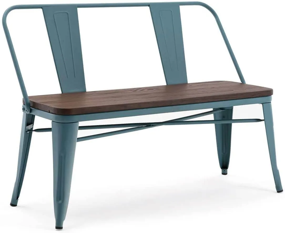 Metal Bench Industrial Mid-Century 2 Person Chair with Wood Seat, Dining Bench with Floor Protector, Blue