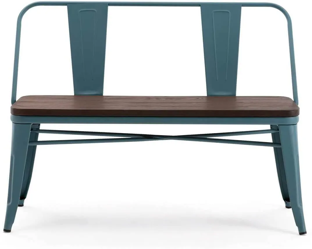 Metal Bench Industrial Mid-Century 2 Person Chair with Wood Seat, Dining Bench with Floor Protector, Blue