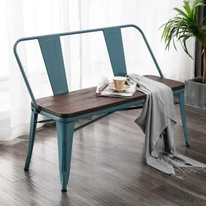 Metal Bench Industrial Mid-Century 2 Person Chair with Wood Seat, Dining Bench with Floor Protector, Blue