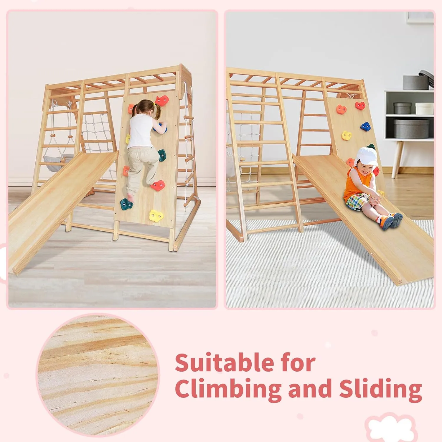 Montessori Indoor Jungle Gym for Toddlers with Slide, Swing, and Climbing Net