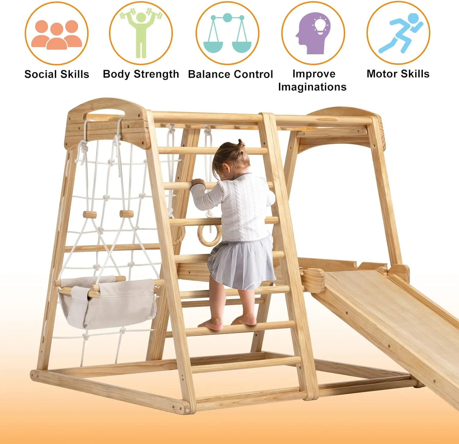 Montessori Indoor Jungle Gym for Toddlers with Slide, Swing, and Climbing Net