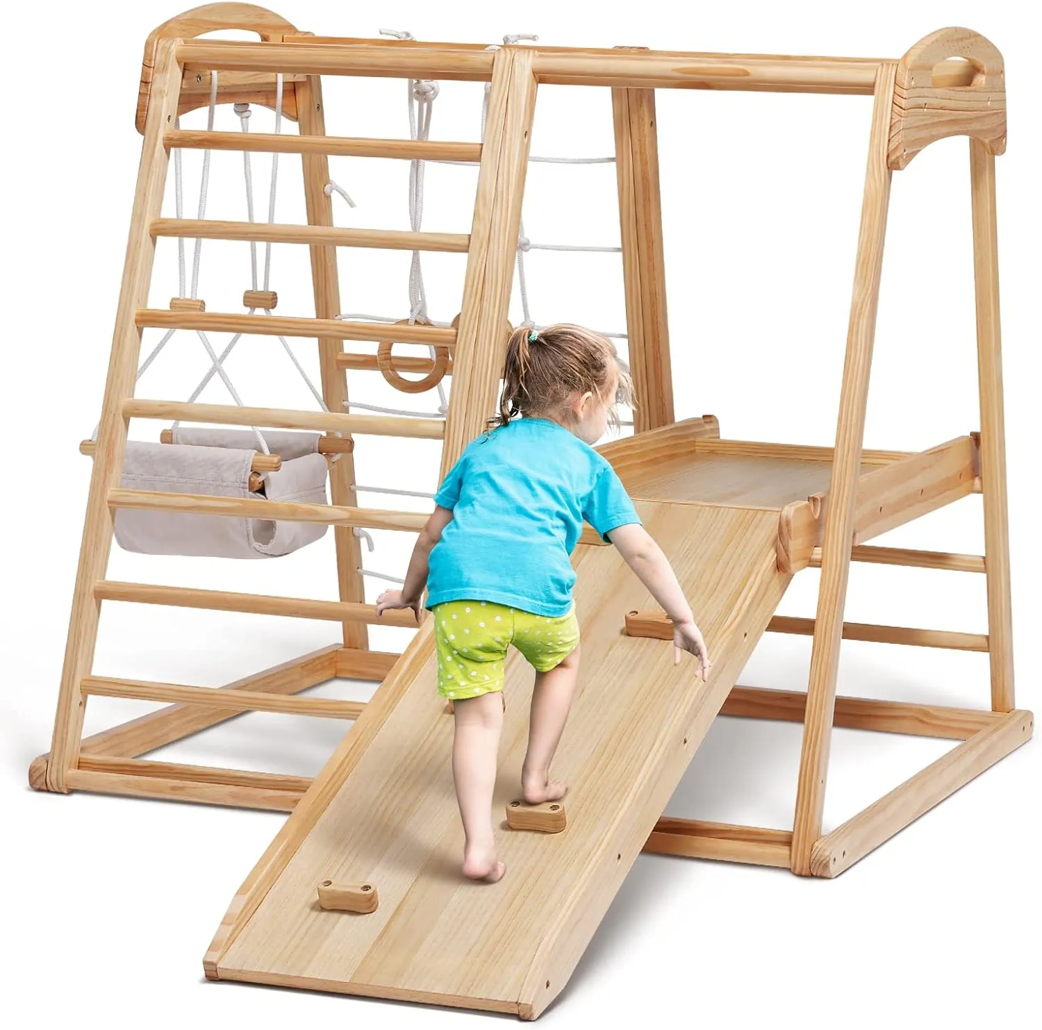 Montessori Indoor Jungle Gym for Toddlers with Slide, Swing, and Climbing Net