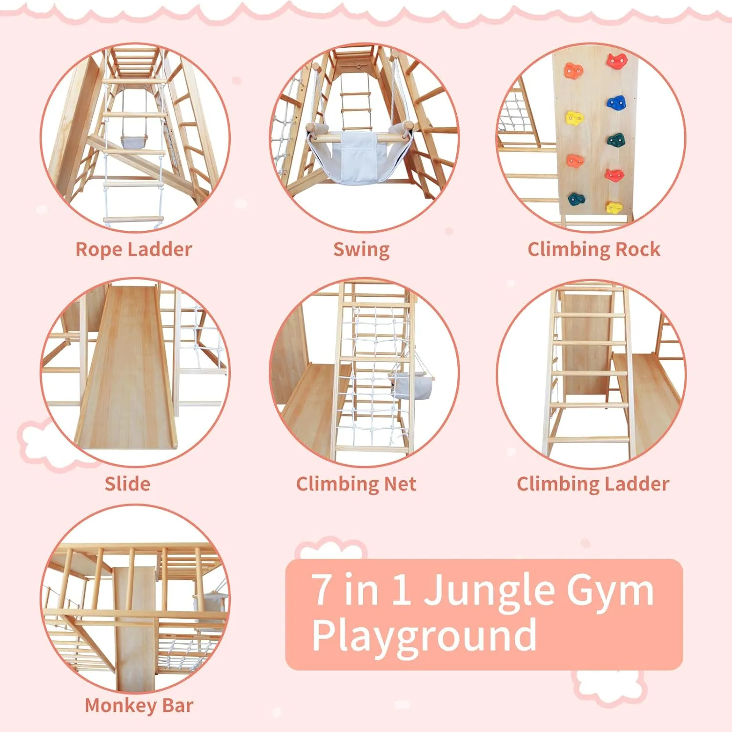 Montessori Indoor Jungle Gym for Toddlers with Slide, Swing, and Climbing Net