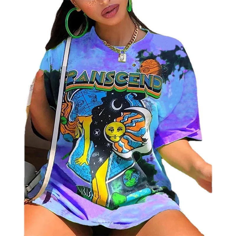 New colorful tie-dye printed T-shirt street style bottoming shirt women