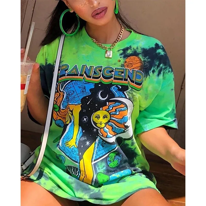 New colorful tie-dye printed T-shirt street style bottoming shirt women