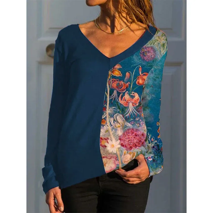 New V-neck long-sleeved positioning printing t-shirt