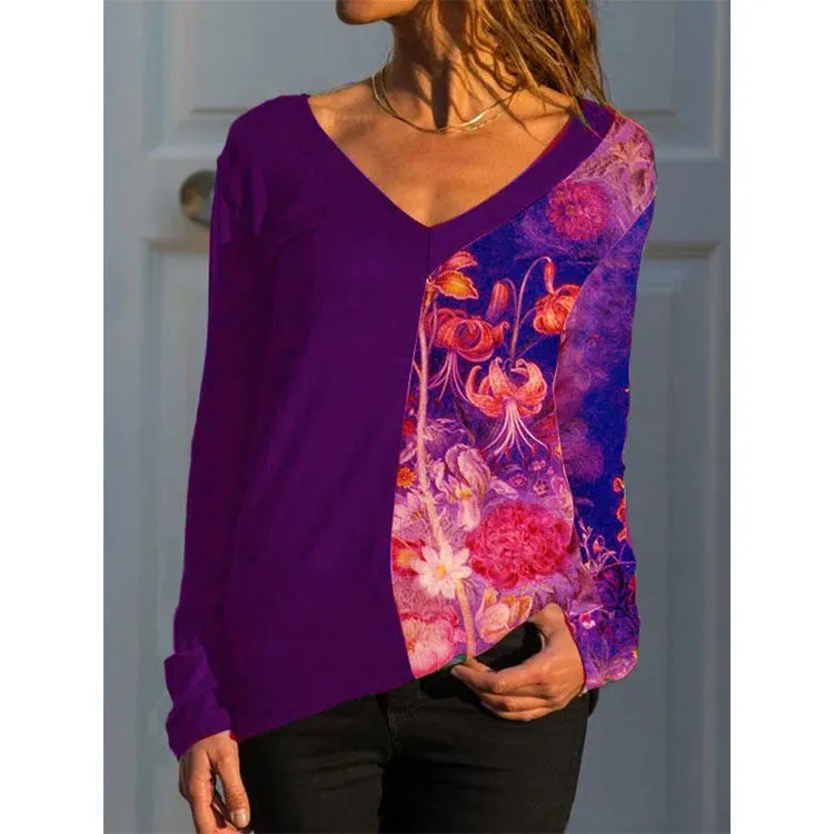 New V-neck long-sleeved positioning printing t-shirt